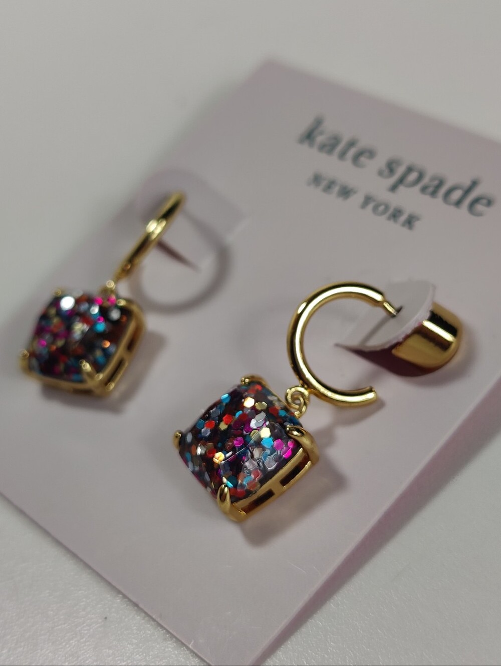 Kate Spade New York Multi Glitter Mini Square Huggie Earrings NWT Gold Tone - Picture 5 of 8